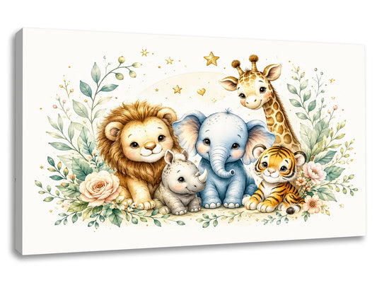 Tablou canvas Prietenii din Safari cu leu, elefant, girafă, tigru și rinocer pentru camera copiilor