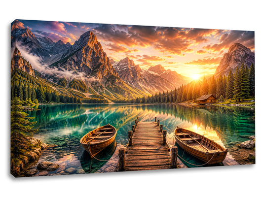 Tablou canvas Reflexii Alpine cu peisaj montan, lac, ponton si barci la apus