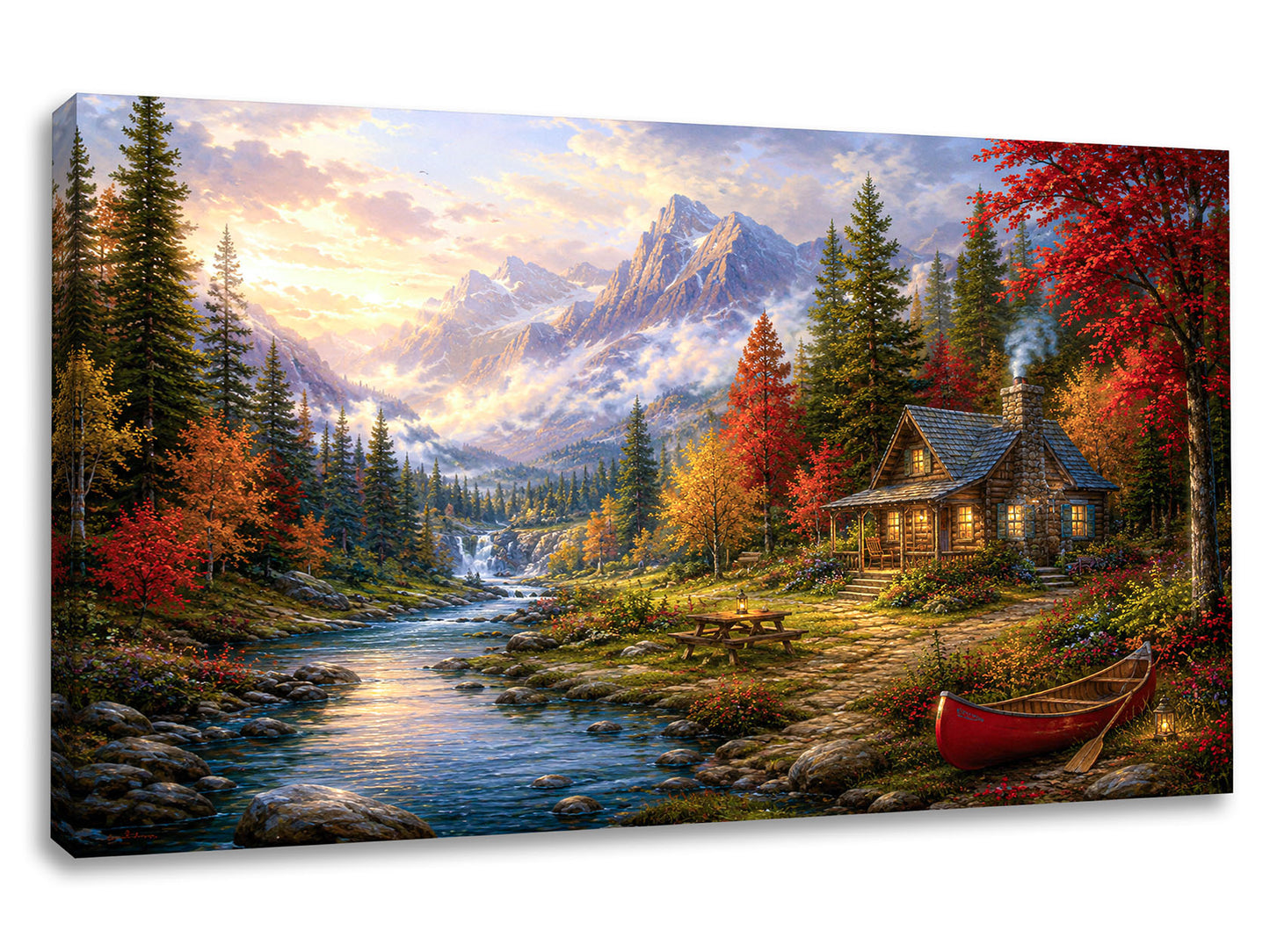 Tablou canvas Refugiul de Toamnă cu cabană la munte, râu, pădure colorată și barcă roșie