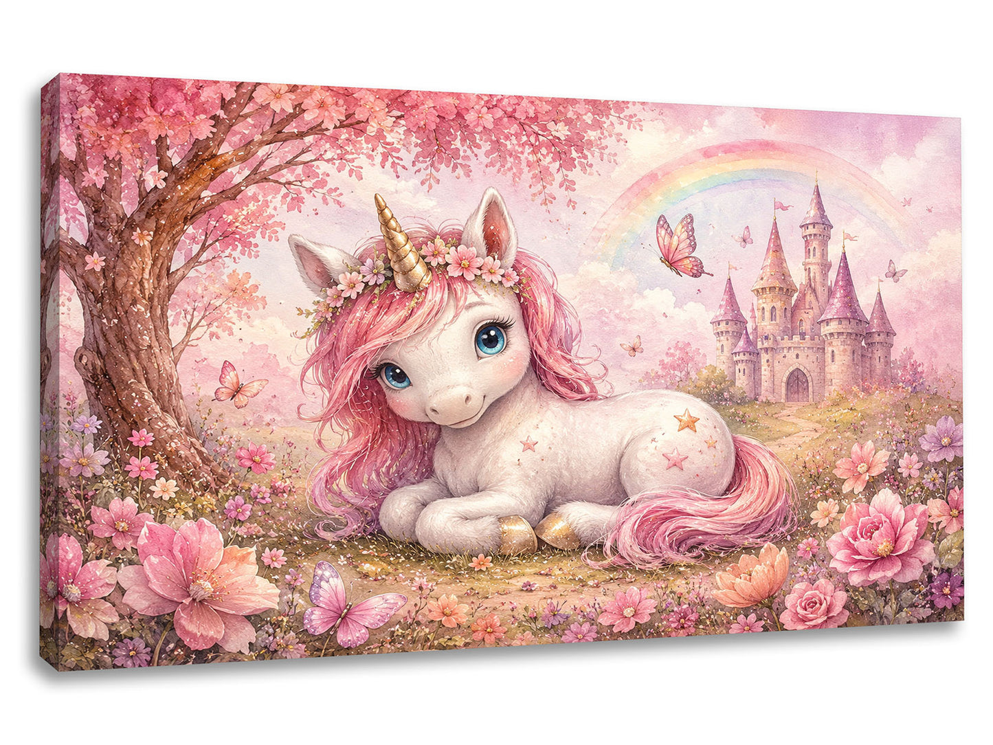 Tablou canvas Regatul Unicornului cu unicorn roz, castel, fluturi și flori pastelate pentru camera fetelor
