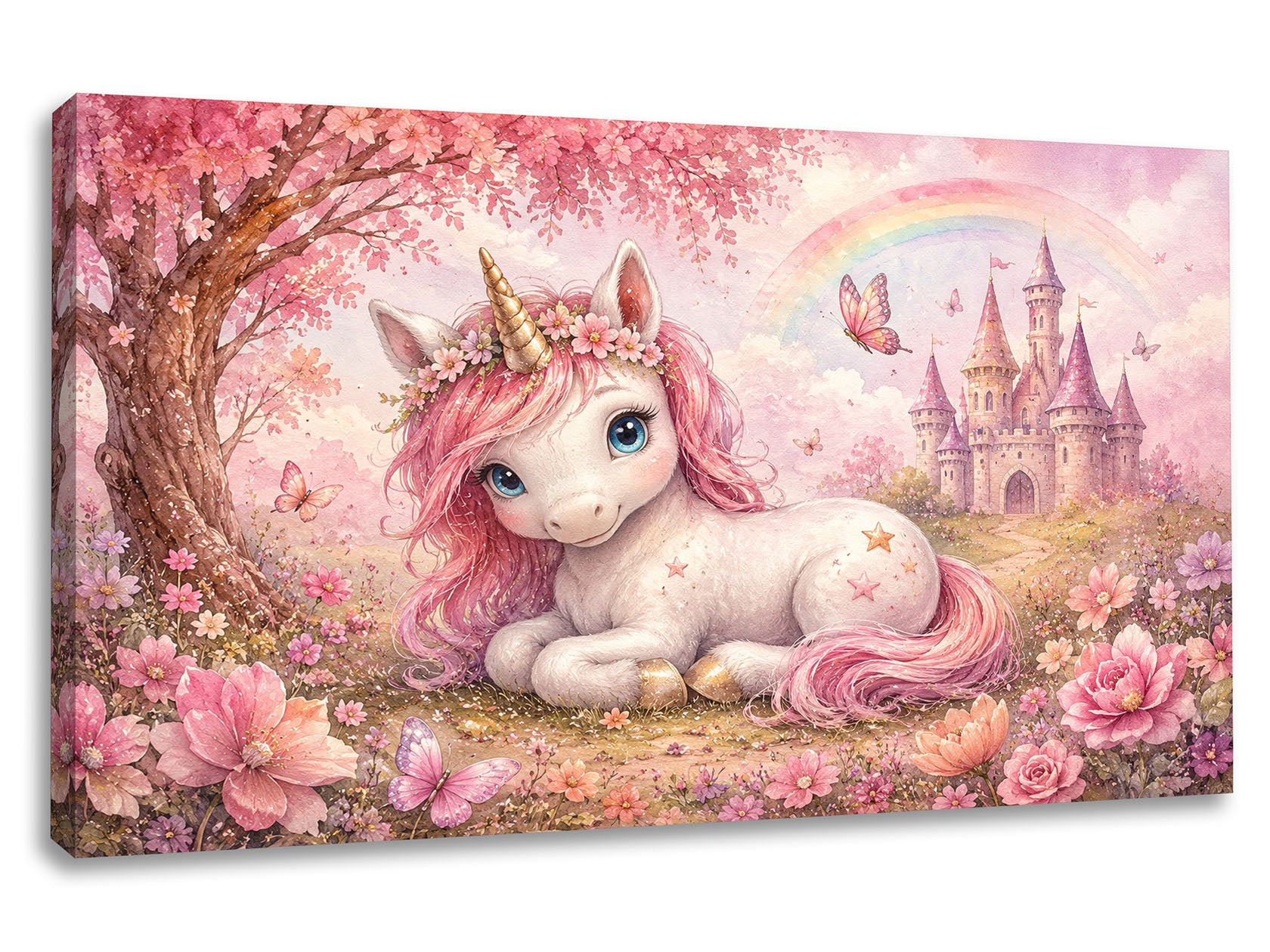 Tablou canvas Regatul Unicornului cu unicorn roz, castel, fluturi și flori pastelate pentru camera fetelor