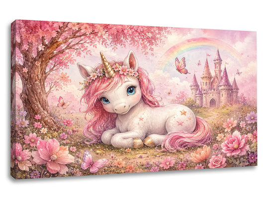 Tablou canvas Regatul Unicornului cu unicorn roz, castel, fluturi și flori pastelate pentru camera fetelor