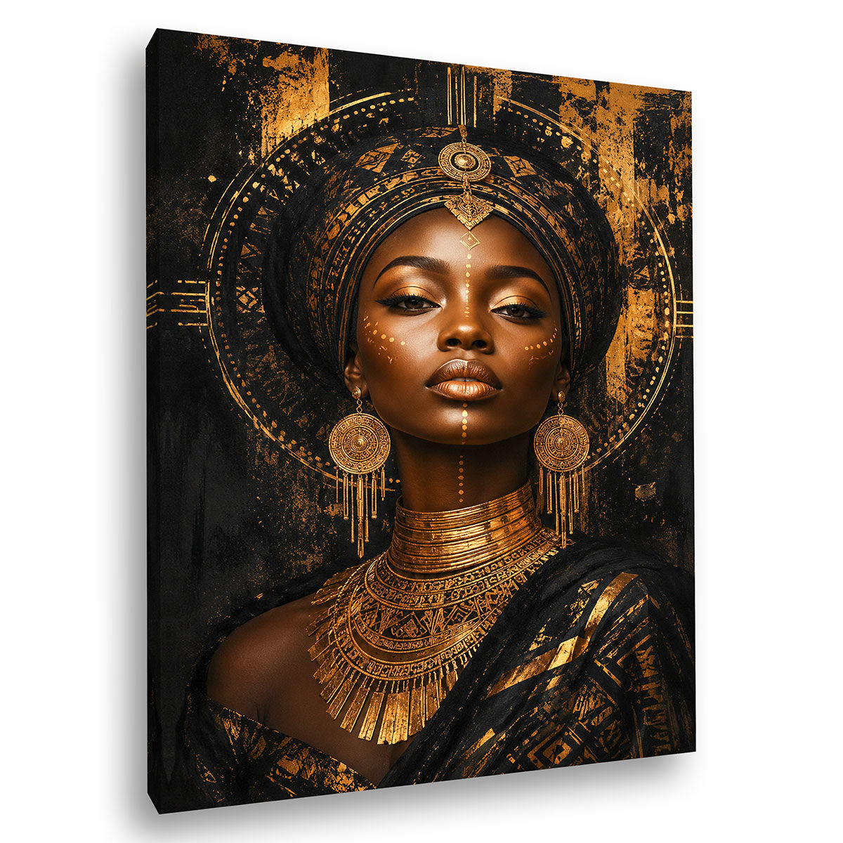 Tablou canvas Regina de Aur cu portret feminin african în nuanțe de negru și auriu