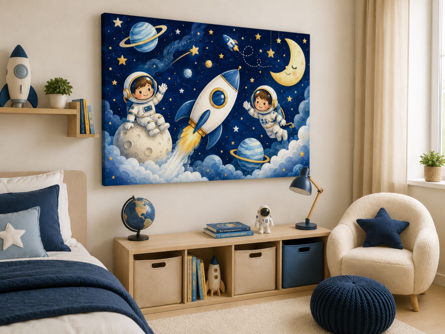 Tablou canvas cu rachetă, astronauți și planete văzut din unghi într-o cameră pentru copii
