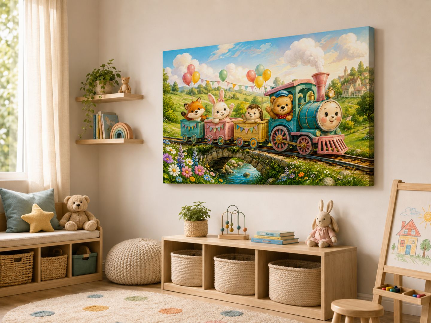 Tablou canvas cu trenuleț colorat și animăluțe văzut din unghi într-o cameră modernă pentru copii