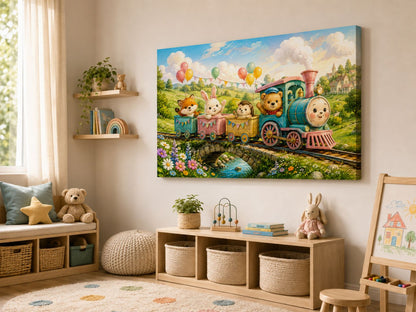Tablou canvas cu trenuleț colorat și animăluțe văzut din unghi într-o cameră modernă pentru copii