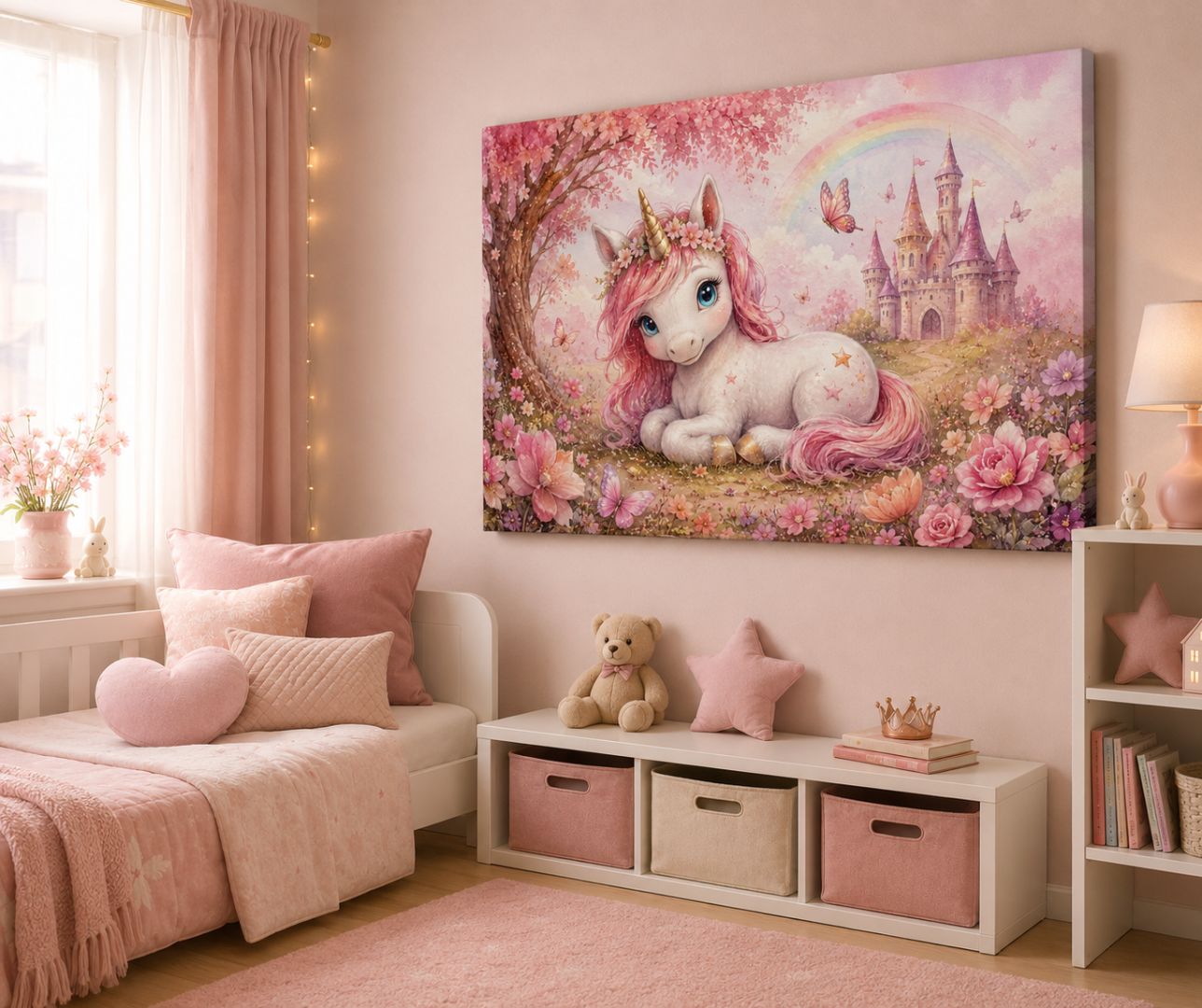 Tablou canvas cu unicorn roz, fluturi și castel văzut din unghi într-o cameră pentru fete