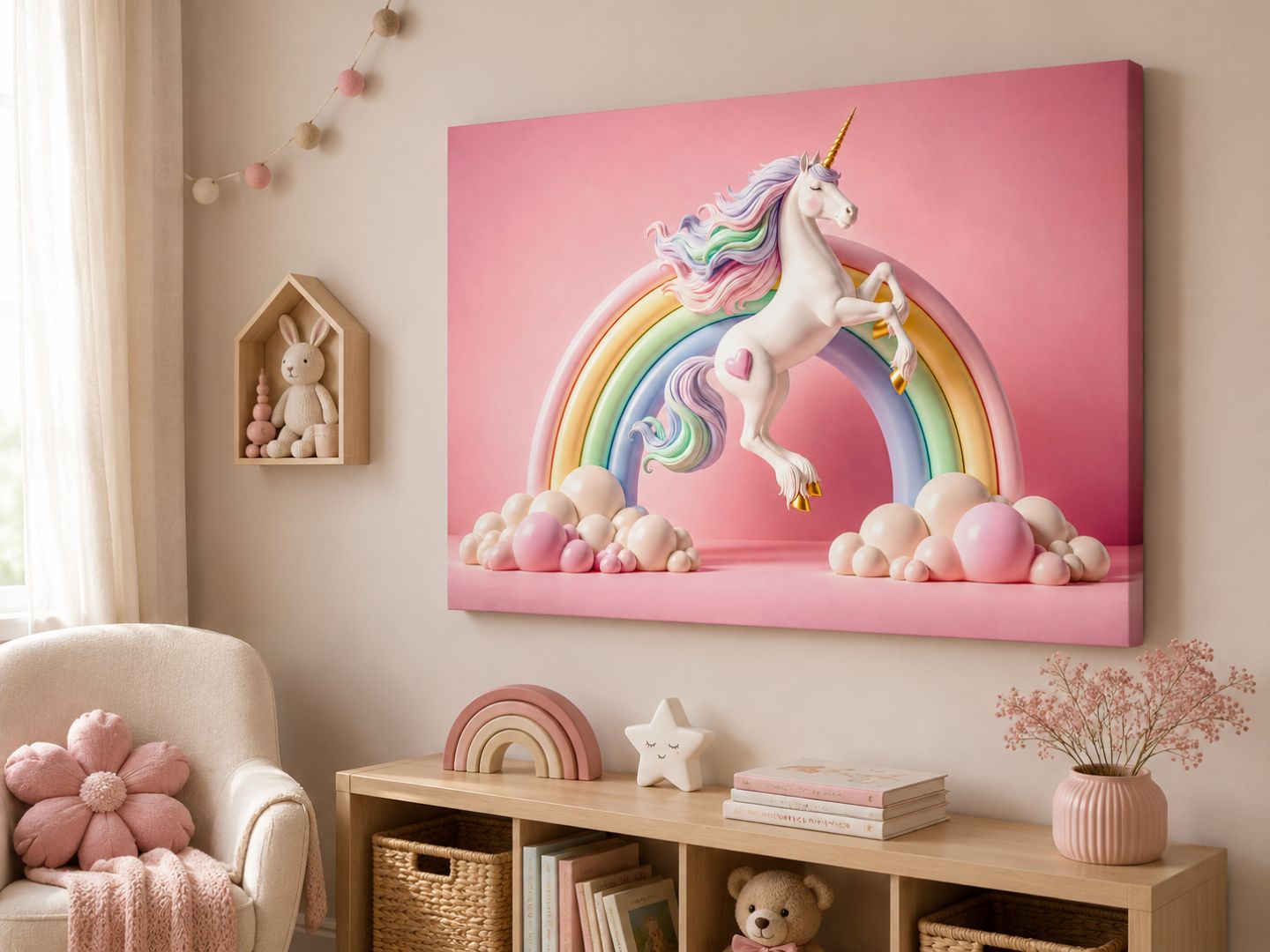 Tablou canvas pentru fetite cu unicorn pastel vazut din unghi intr-o camera decorata in tonuri roz