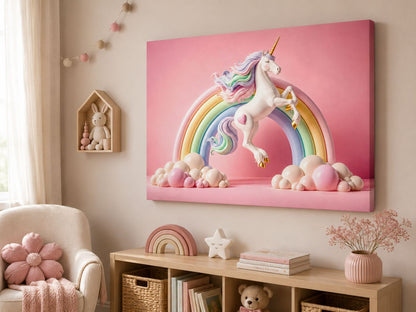 Tablou canvas pentru fetite cu unicorn pastel vazut din unghi intr-o camera decorata in tonuri roz