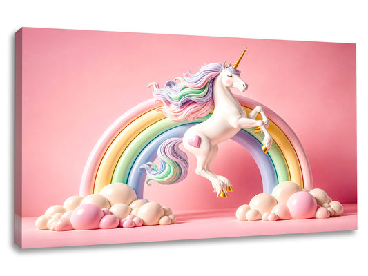 Tablou canvas cu unicorn alb si curcubeu pastel pentru camera fetitelor