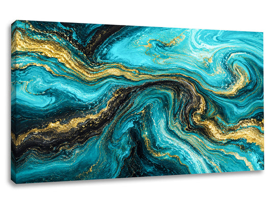 Tablou canvas Valuri de Smarald abstract turcoaz, negru și auriu