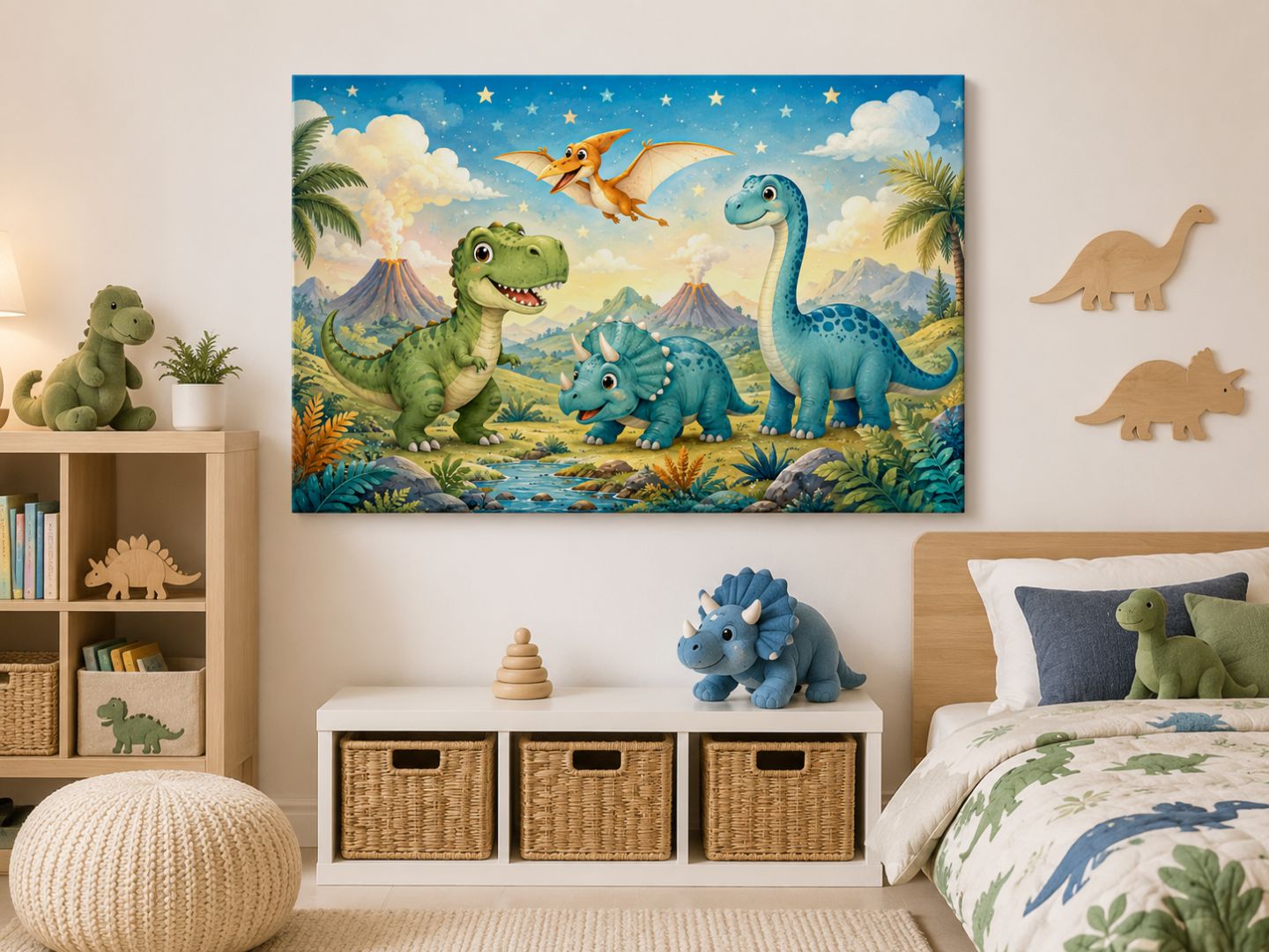 Tablou canvas cu dinozauri veseli expus frontal intr-o camera luminoasa pentru copii