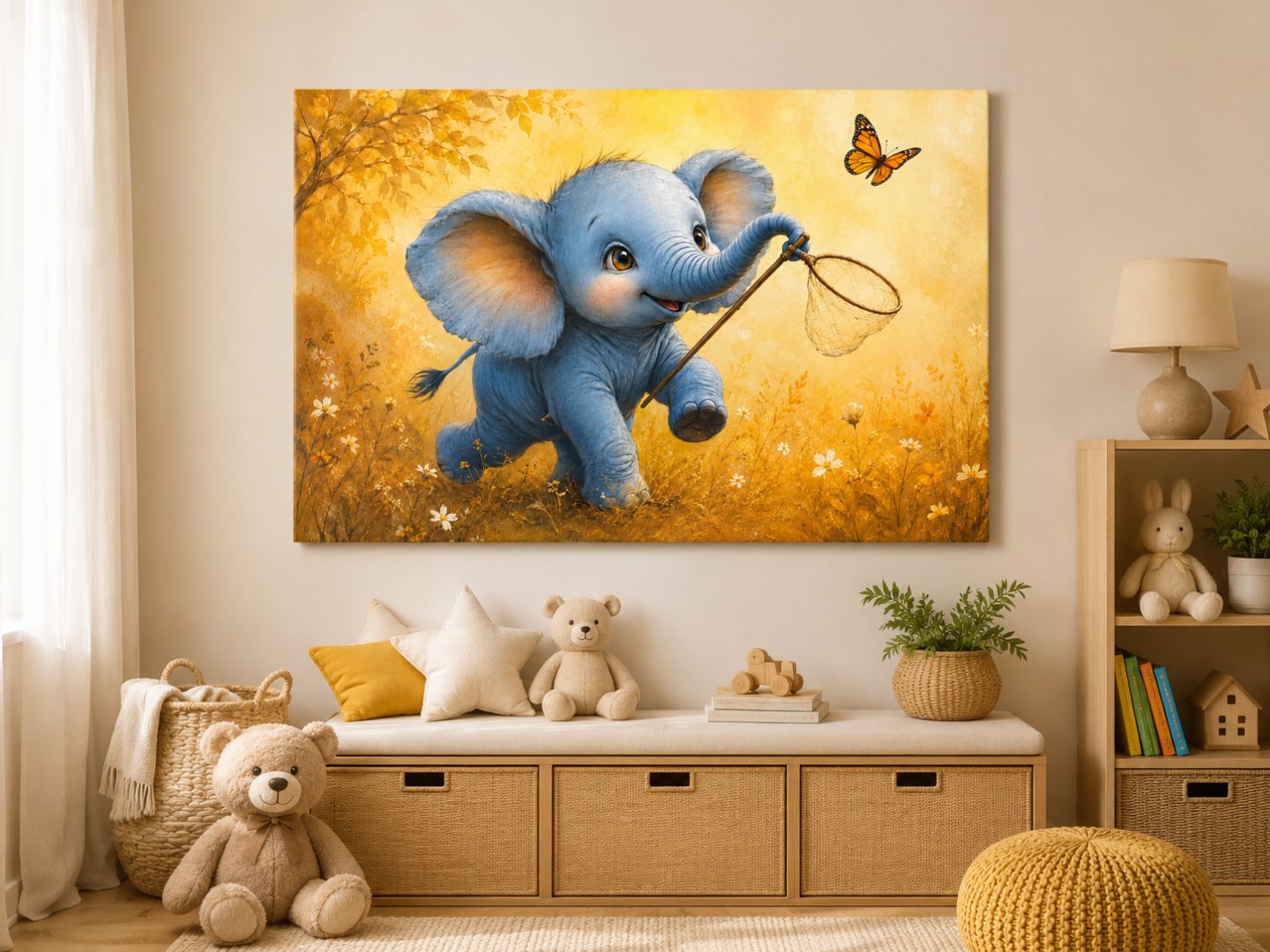 Tablou canvas cu elefantel albastru si fluture expus frontal intr-o camera luminoasa pentru copii