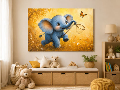 Tablou canvas cu elefantel albastru si fluture expus frontal intr-o camera luminoasa pentru copii