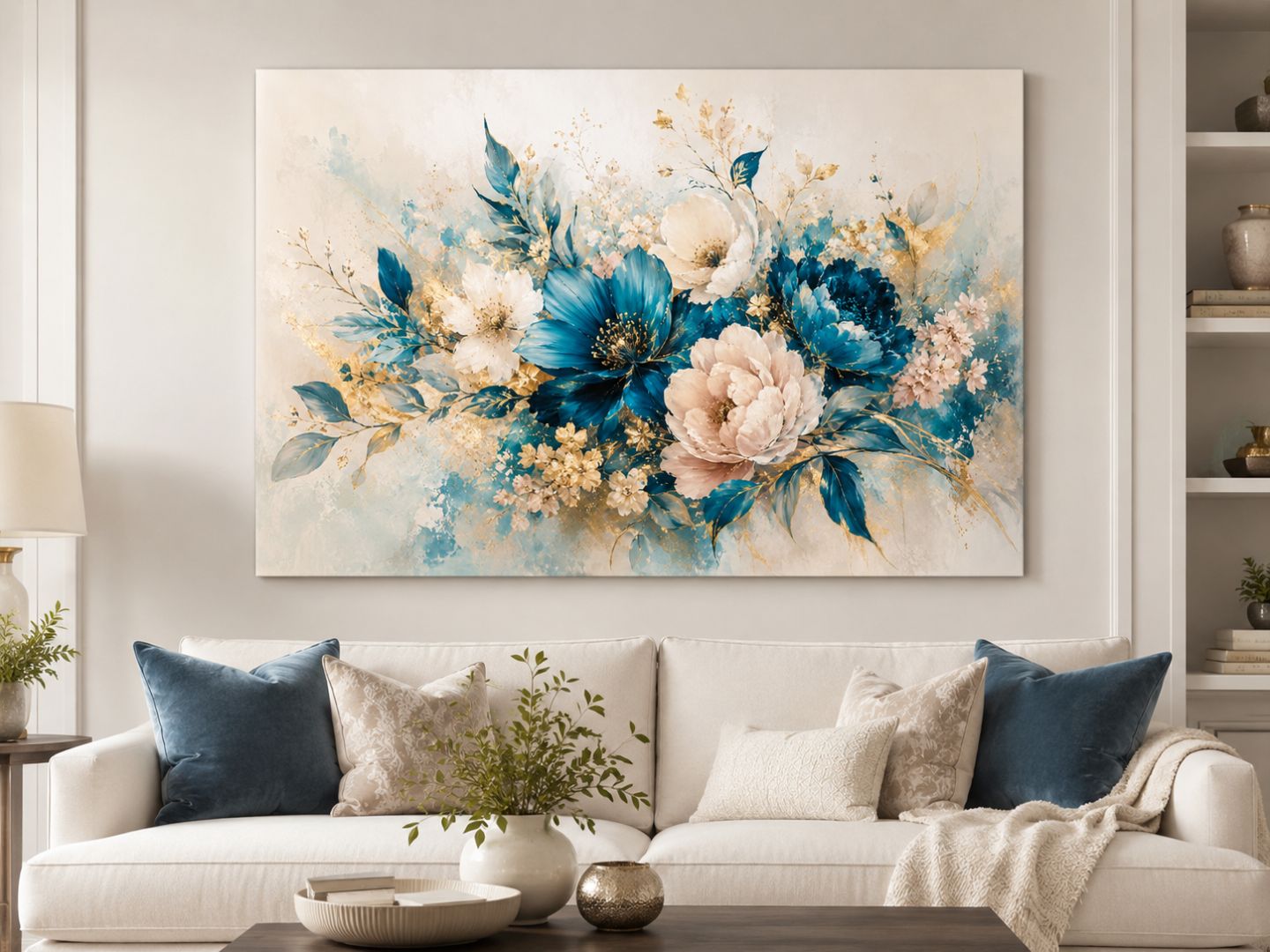 Tablou canvas floral albastru și auriu expus frontal într-un living luminos