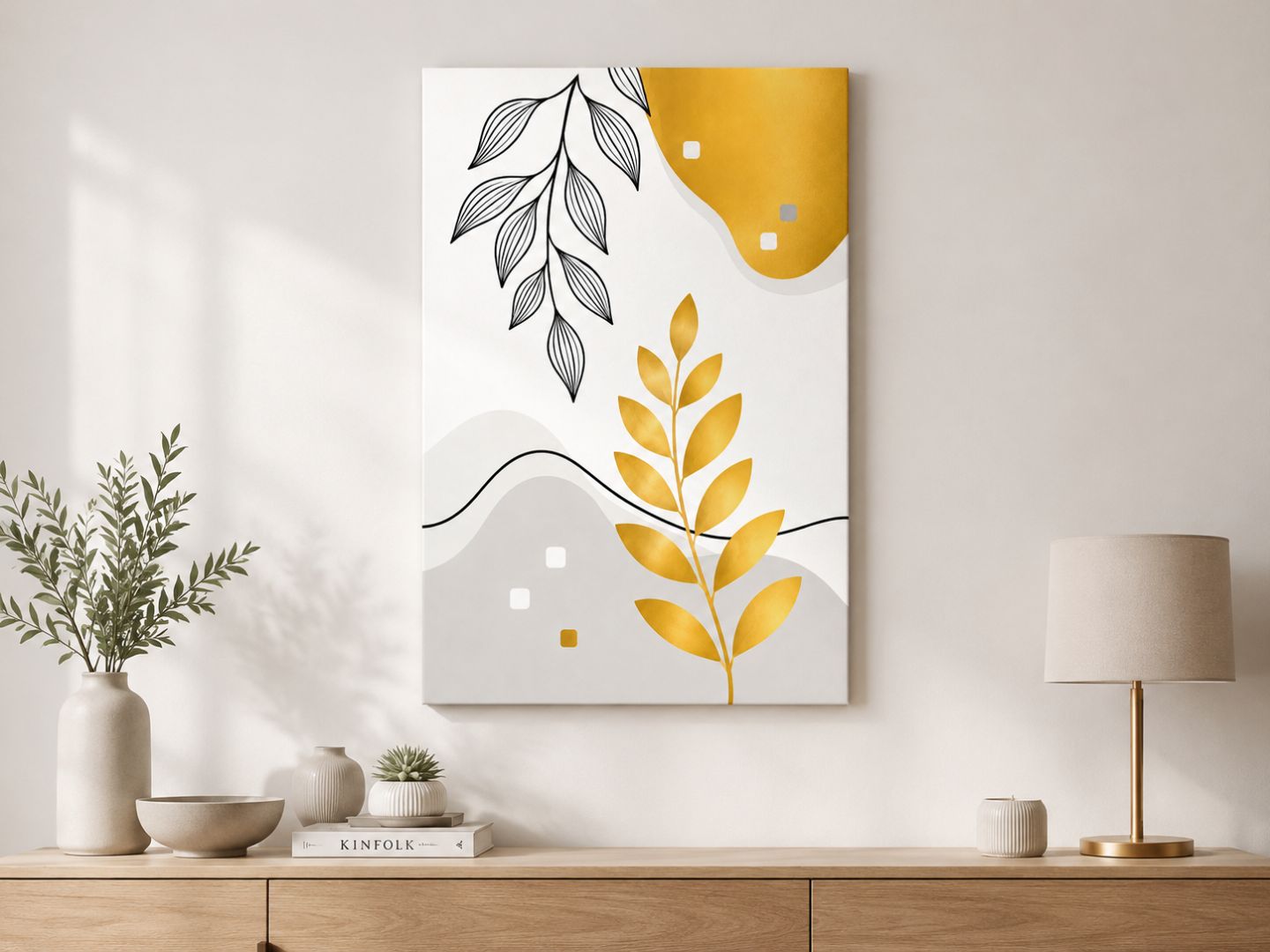 Tablou canvas vertical cu frunze aurii și negre expus frontal deasupra unei comode din lemn