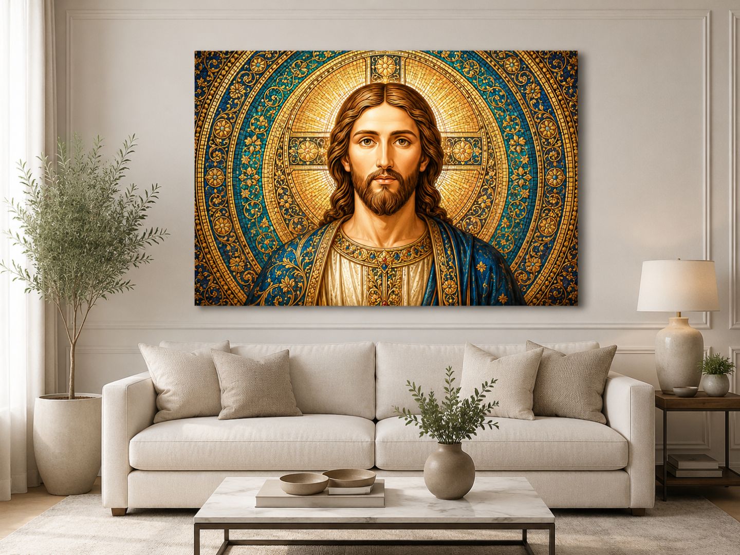 Tablou canvas cu Iisus Hristos expus frontal deasupra unei canapele într-un living elegant