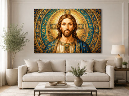 Tablou canvas cu Iisus Hristos expus frontal deasupra unei canapele într-un living elegant
