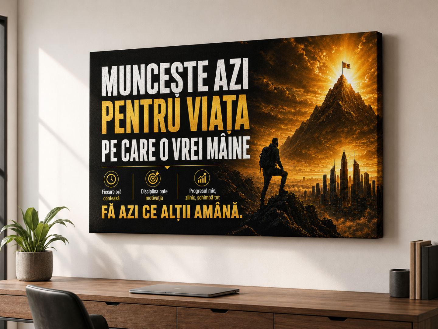 Tablou canvas motivațional negru și auriu expus într-un birou modern