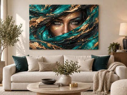 Tablou canvas cu portret feminin turcoaz și auriu expus frontal într-un living modern