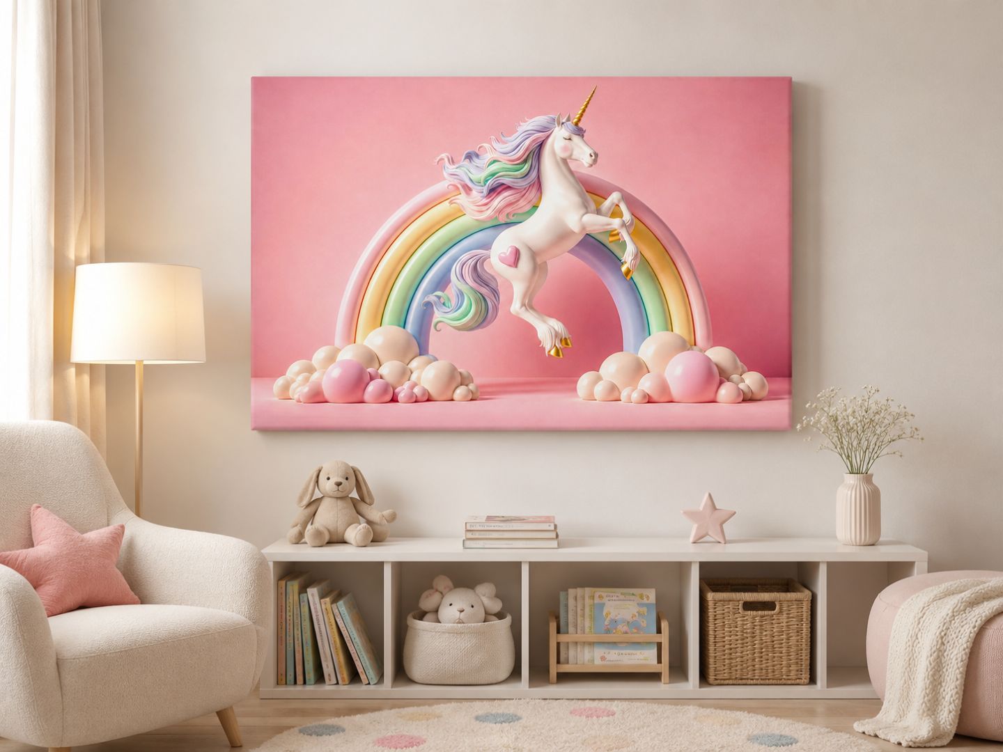 Tablou canvas cu unicorn si curcubeu expus frontal intr-o camera de fetita