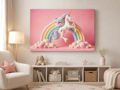 Tablou canvas cu unicorn si curcubeu expus frontal intr-o camera de fetita
