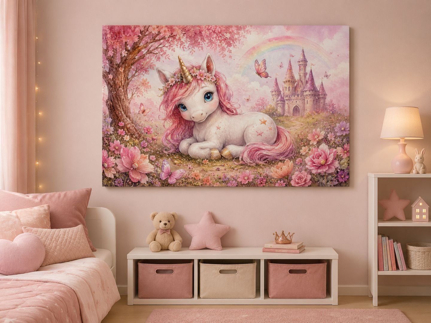 Tablou canvas cu unicorn roz și castel expus frontal într-o cameră pastelată pentru fete