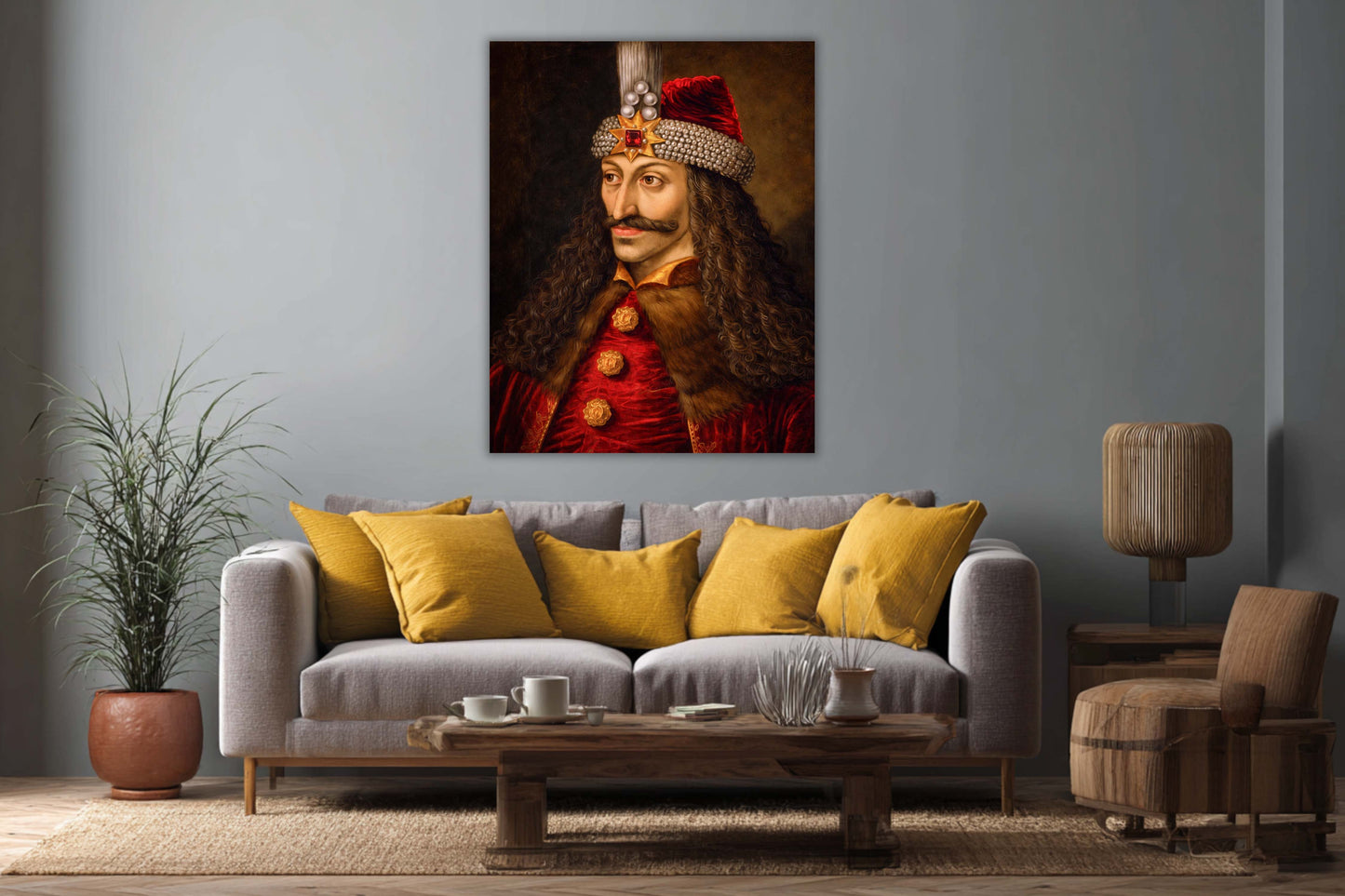 Tablou mare cu portretul lui Vlad Țepeș expus pe perete deasupra unei canapele într-un living modern, decor Artă Regală.