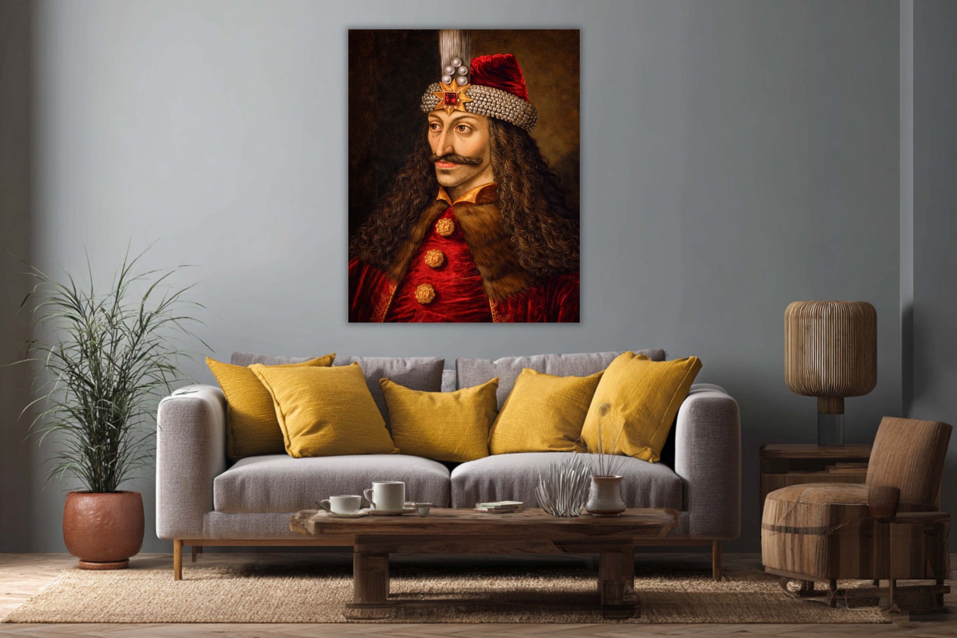 Tablou mare cu portretul lui Vlad Țepeș expus pe perete deasupra unei canapele într-un living modern, decor Artă Regală.