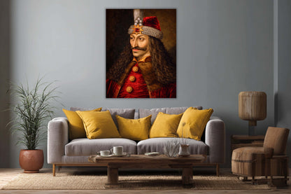 Tablou mare cu portretul lui Vlad Țepeș expus pe perete deasupra unei canapele într-un living modern, decor Artă Regală.